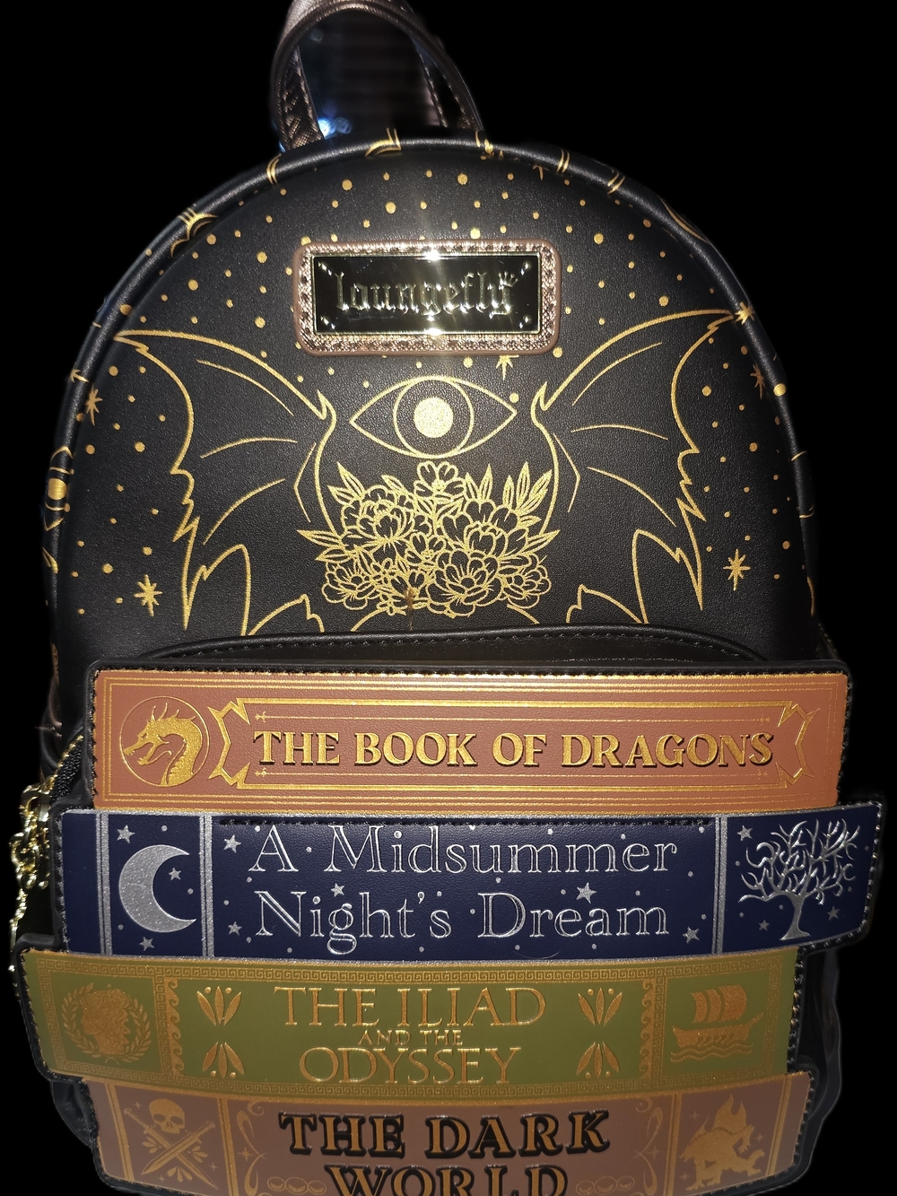 Loungefly Black and Gold Mythical Bookstack Mini Backpack